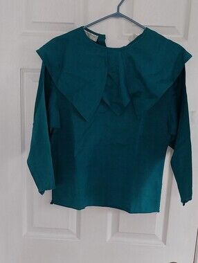 Rena Rowan Linen Blended Teal Statement-Collar Long Sleeve Top